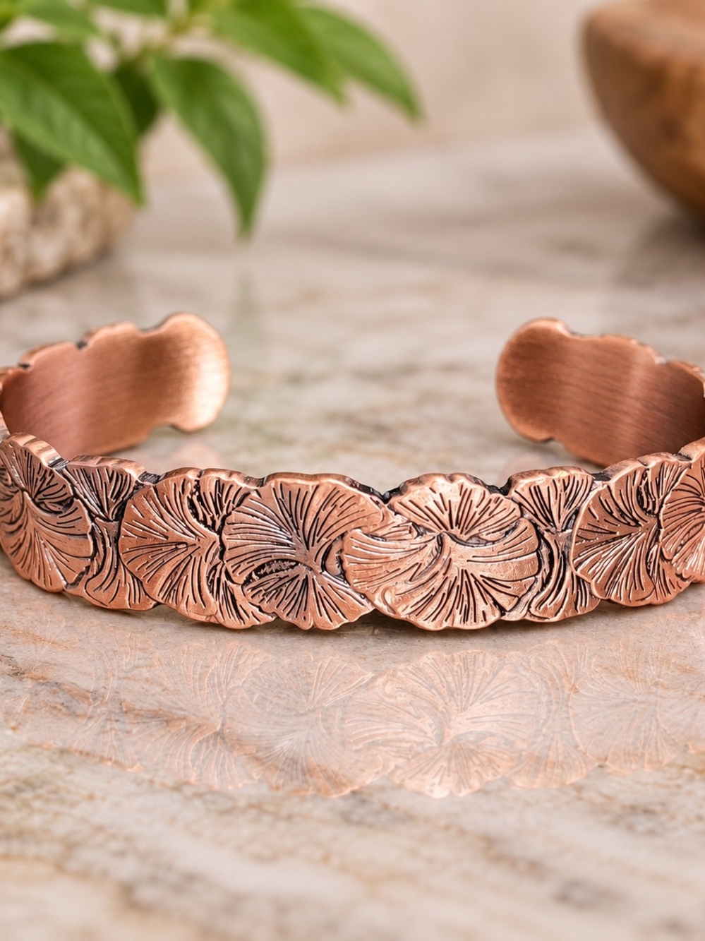 Genuine JalaStudios Pure Copper Ginkgo Leaf Bracelet Adjustable Cuff 15mm